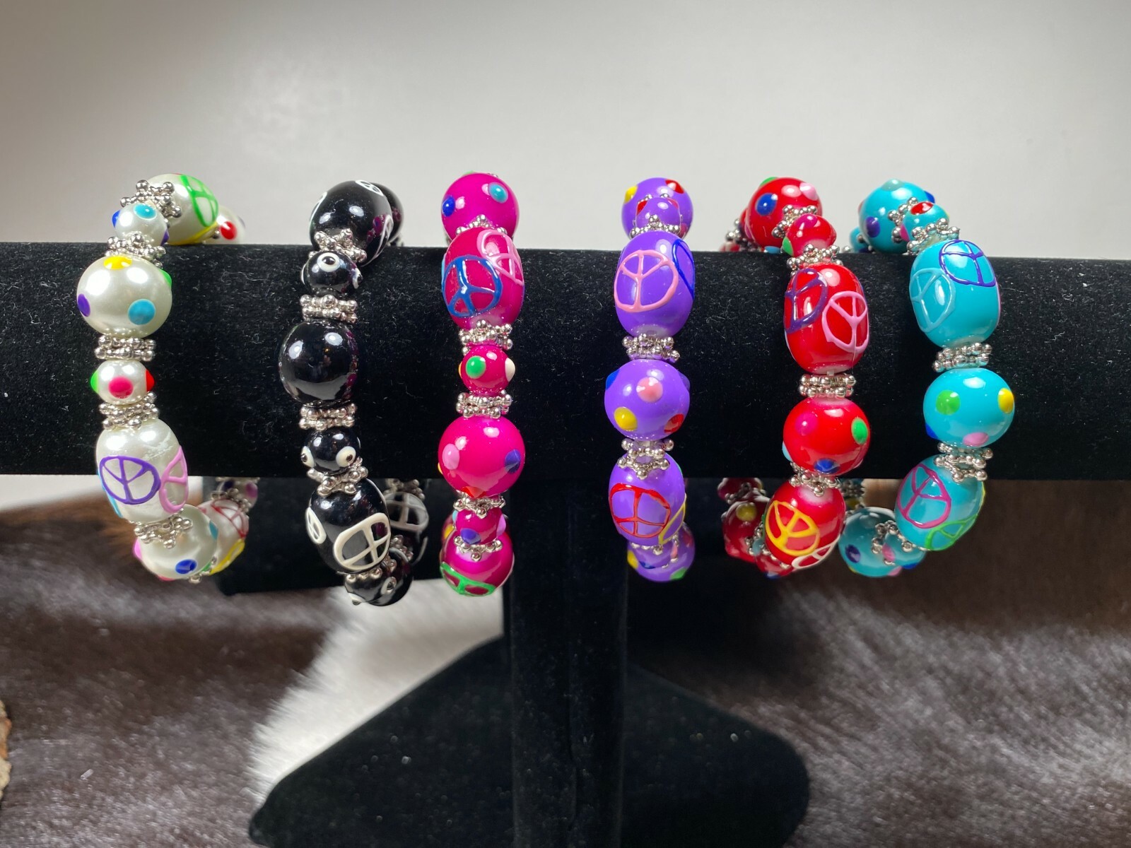 Peace Jewelry Wholesale Lot 6 Glass Beaded Stretch Bracelet Colorful Peace
