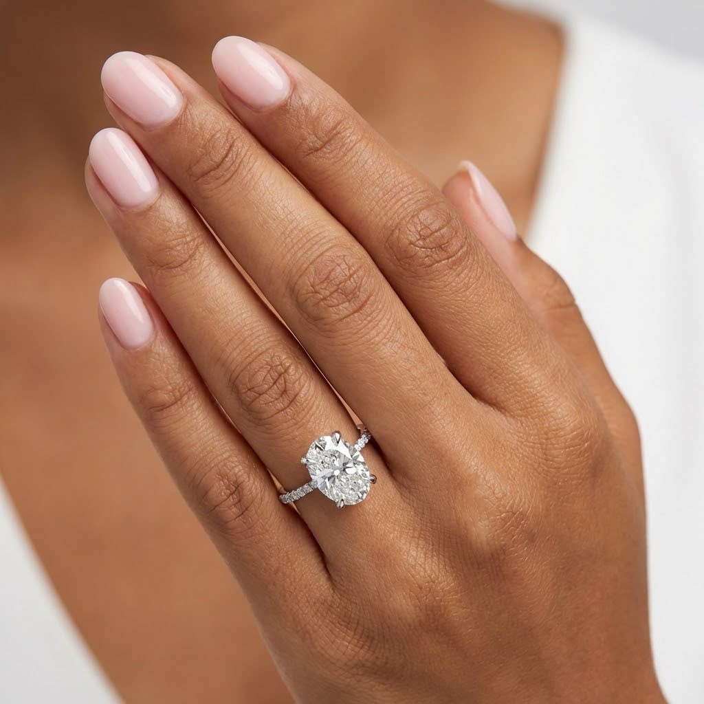 Engagement Ring 14K White Gold Under Halo 3.28 CT Oval Lab-Grown Diamond G VS1