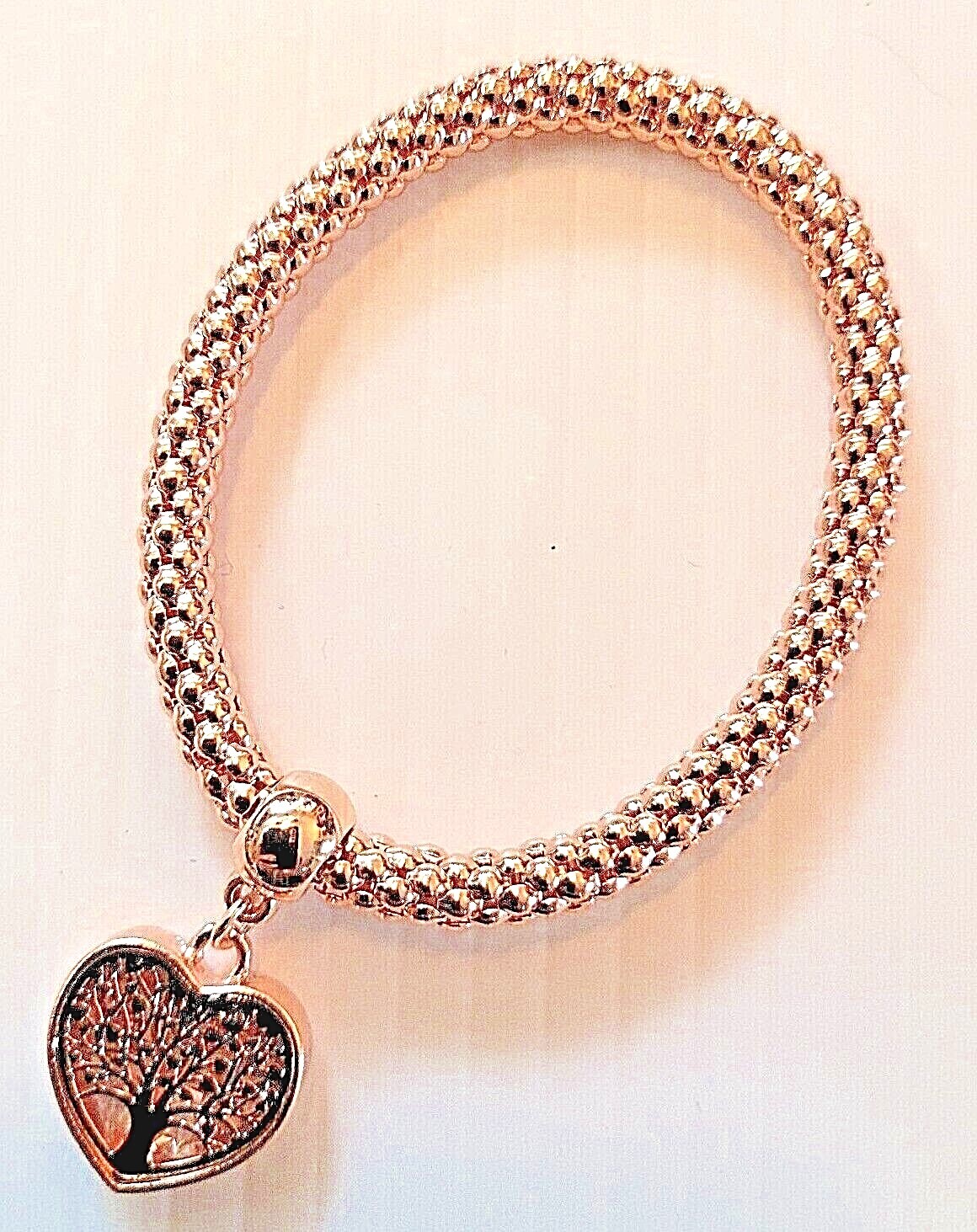 Metal Heart w Tree of Life insert on Stretch Rope-Chain Bracelet – 3 Diff Colors
