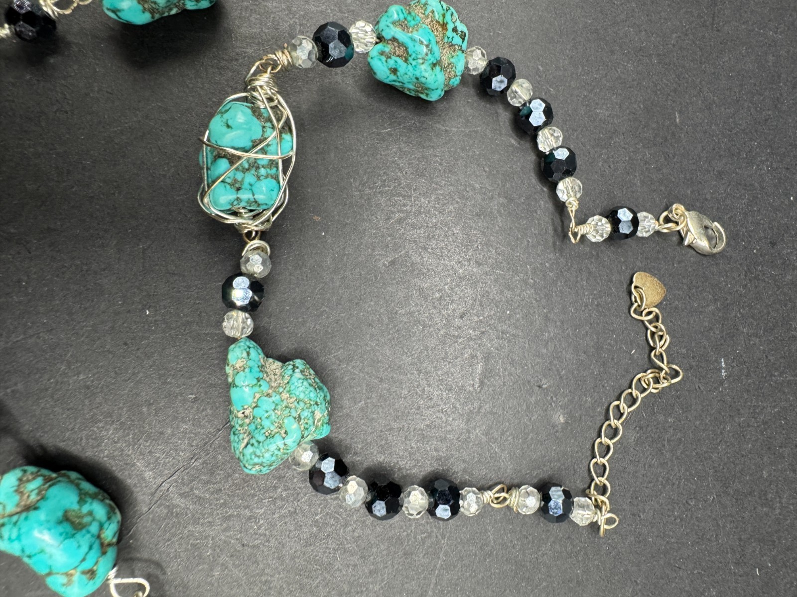 Vtg Handmade Turquoise Nugget & Crystal Necklace & Bracelet Jewelry Set