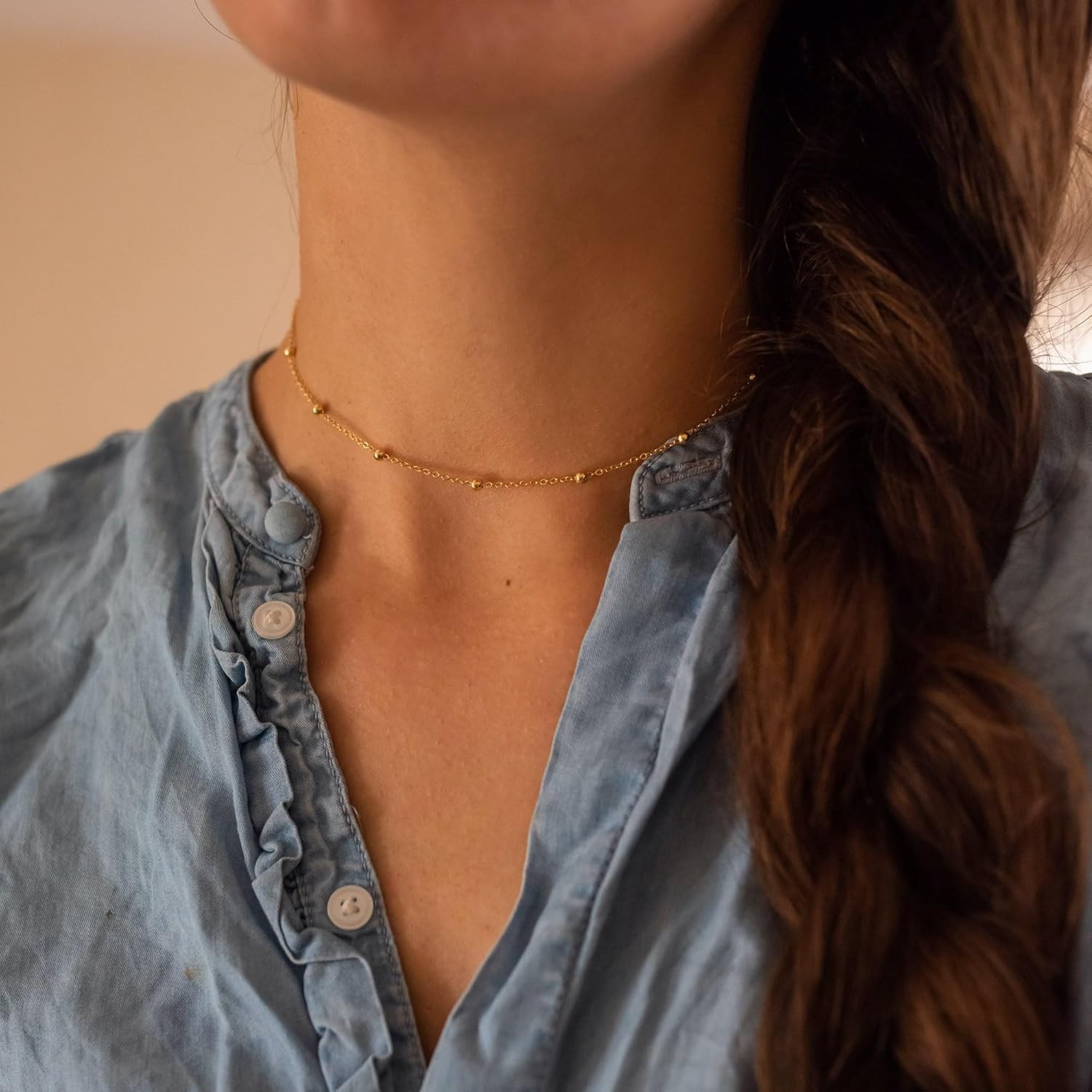 Dainty Gold Chain Necklace for Women, 14K Plated Beaded Box Link Choker Trendy