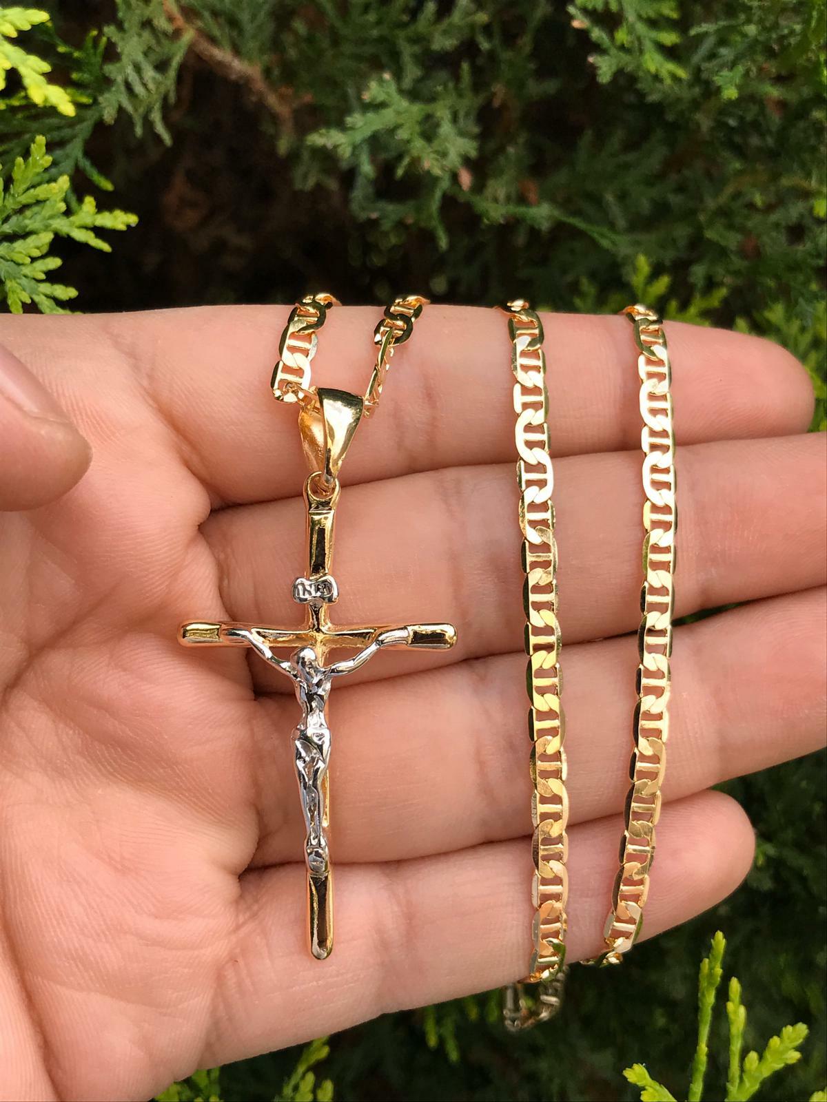 Cadena y Dije Cruz de Oro Laminado Para Hombre,14k GF Cross Pendant Necklace 24″