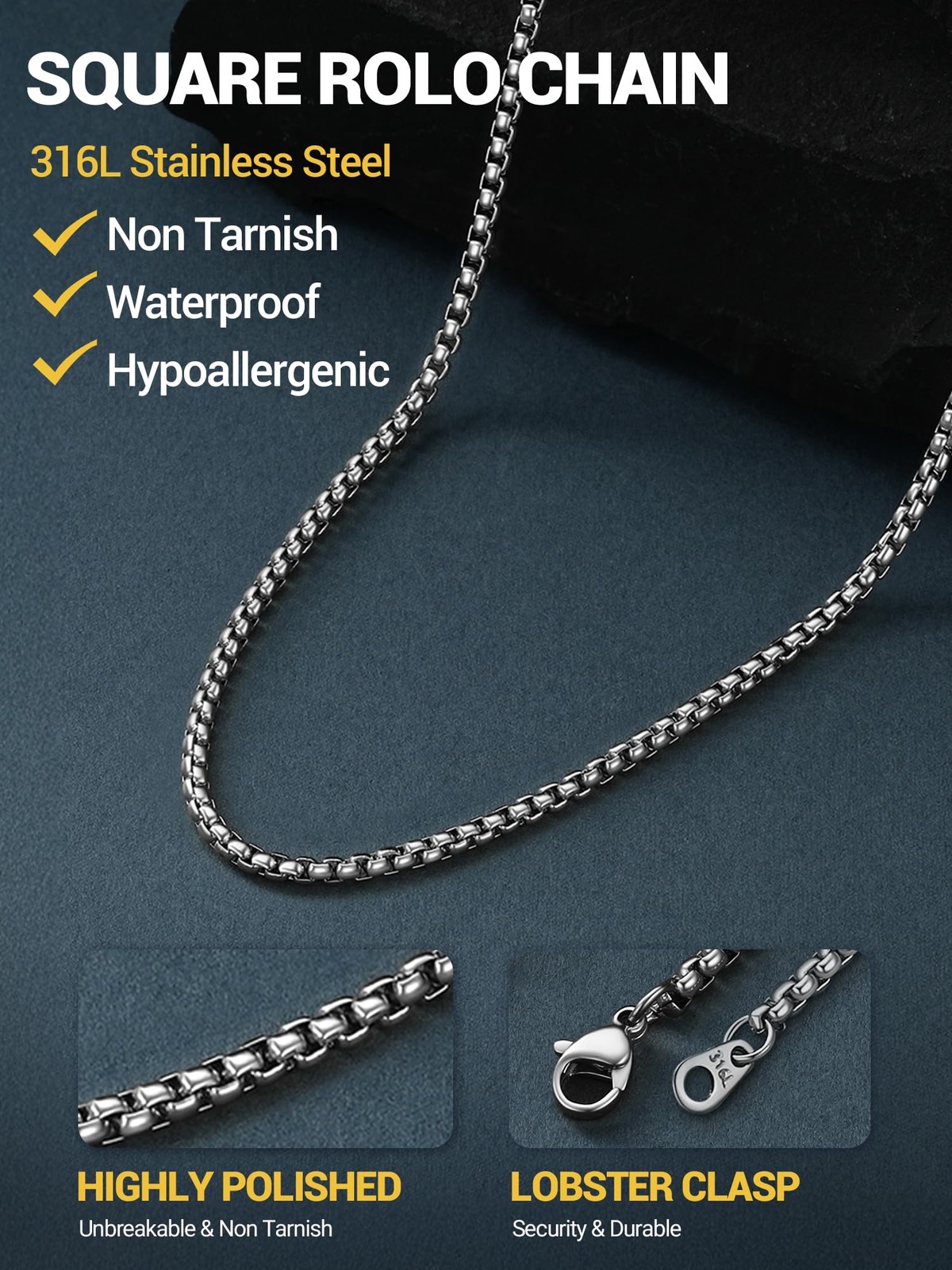 Mens Chain Necklace, Squre Rolo Link Chains Stainless Steel Necklace 2mm Wate…