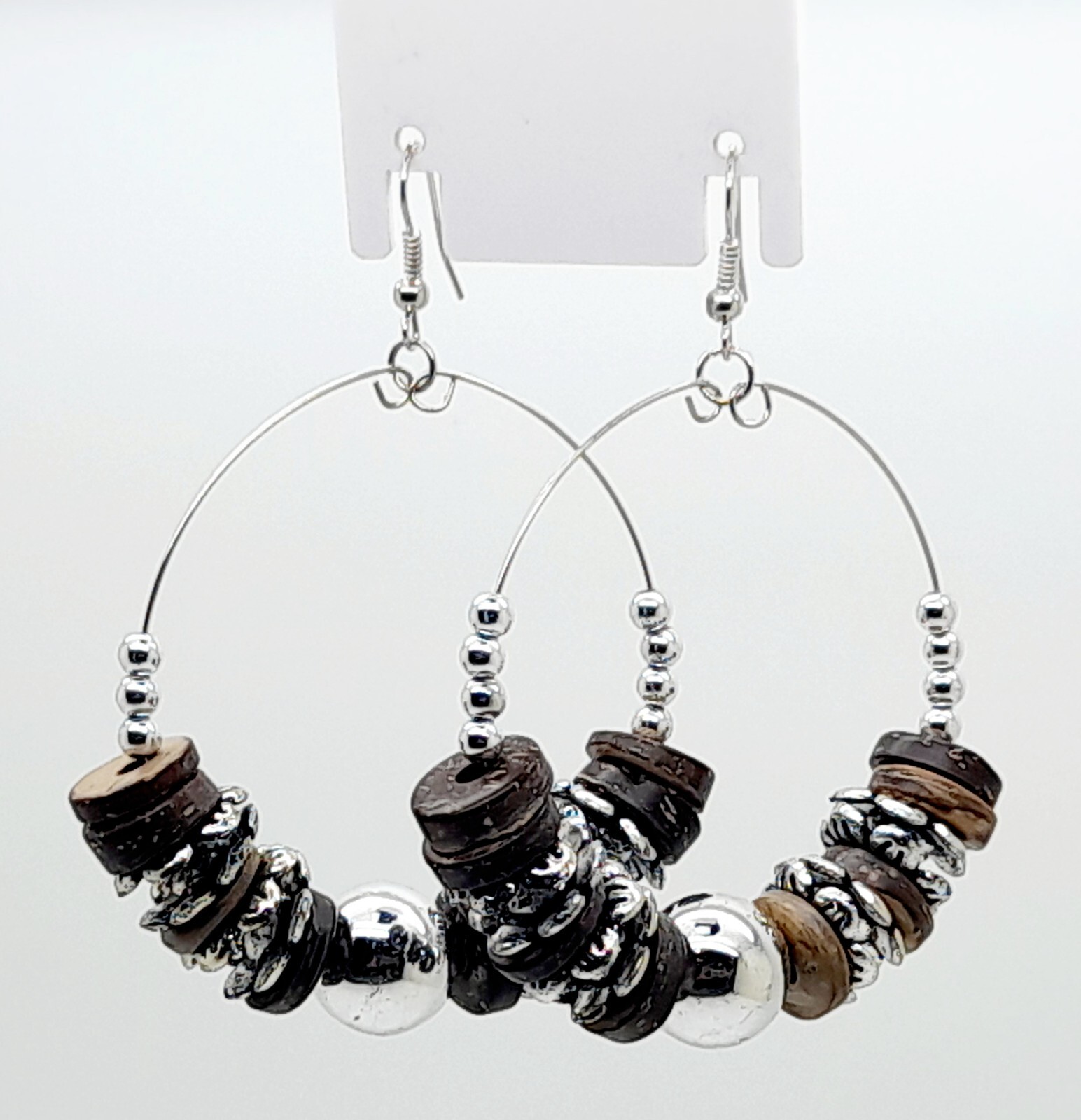 DK BROWN COCONUT WOOD & ANTIQUE ALLOY & SEED BEAD HOOP DANGLING FASHION EARRINGS