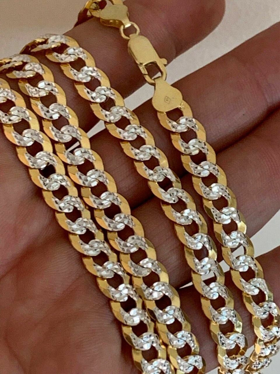 Mens Diamond Cut 8mm Cuban Chain 14k Gold Plated Solid 925 Silver Two Tone ITALY