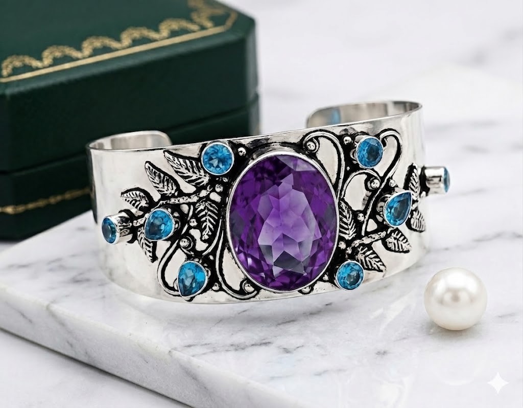 925 Sterling Silver Amethyst & Blue Topaz Gemstone Jewelry Cuff Bracelet Size