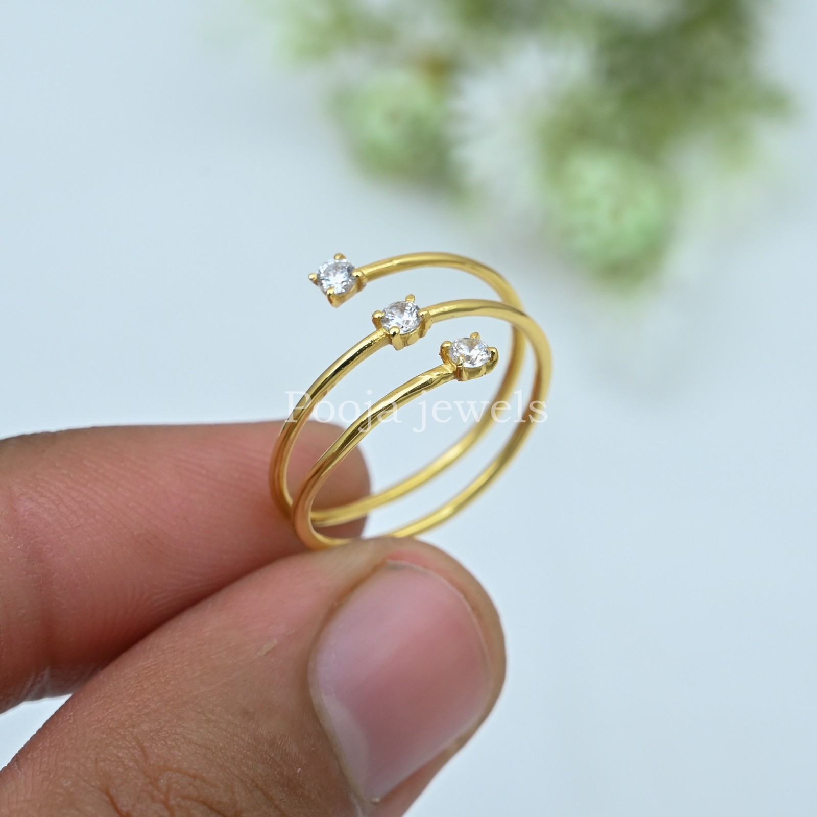 14K Yellow Gold Plated Triple Wrap Open Ring Round CZ Adjustable Minimalist Band