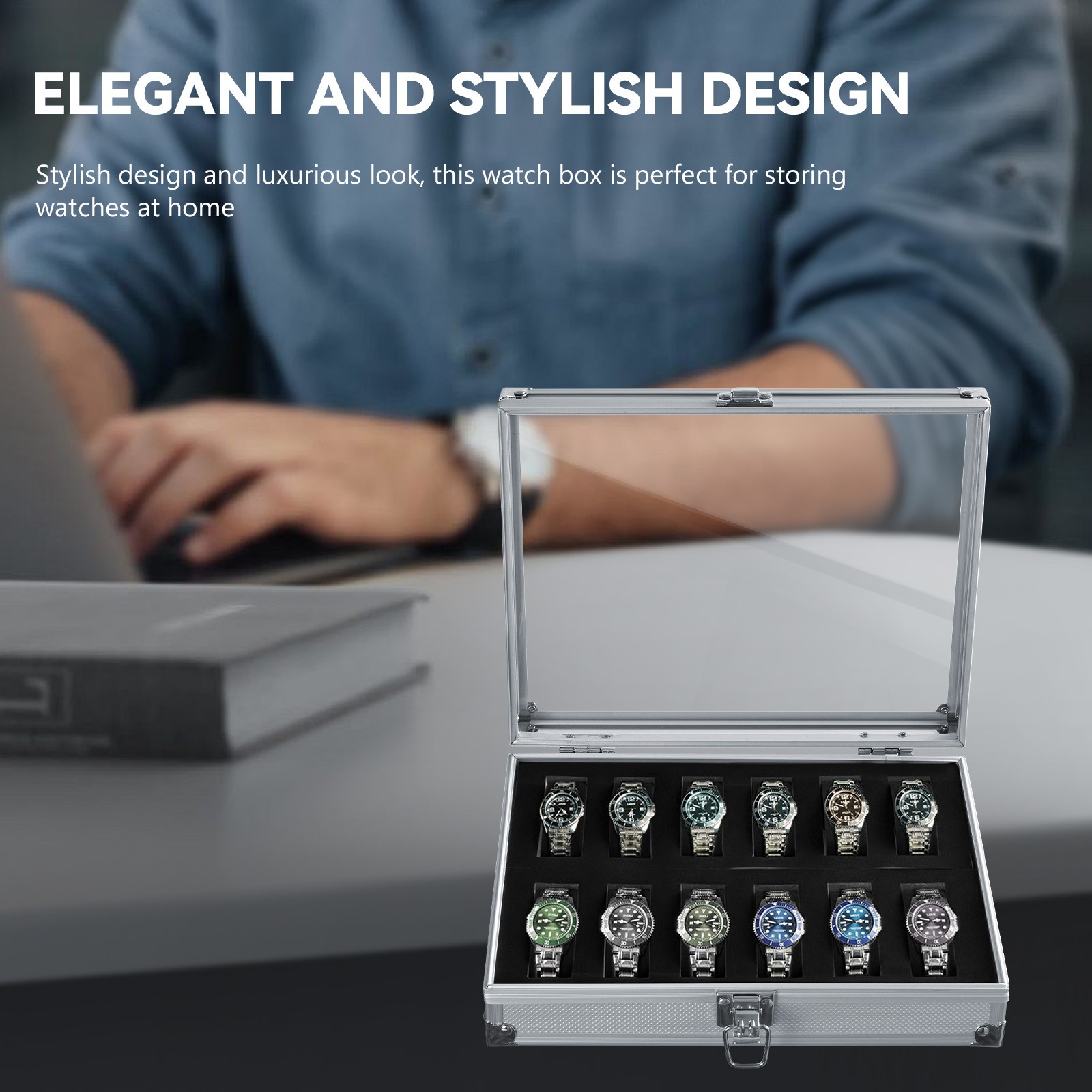 Lockable Aluminum Watch Display Case 12 Slot Watch Jewelry Storage Showing Box