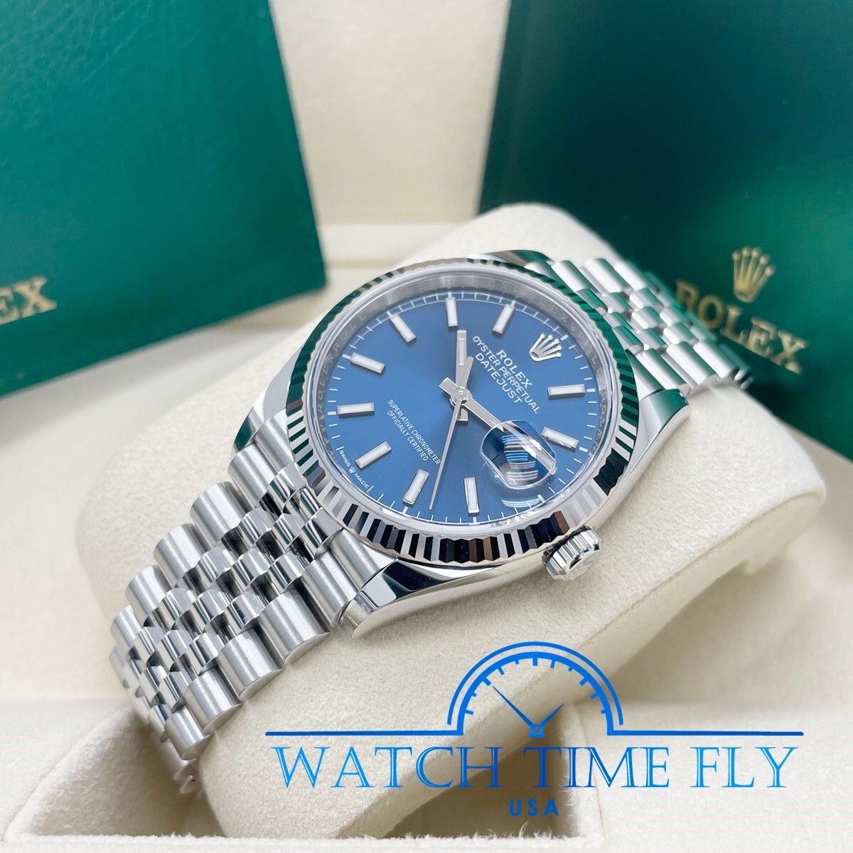 Rolex 126234 Stainless Steel Datejust 36mm Fluted Bezel Blue Index Dial Jubilee