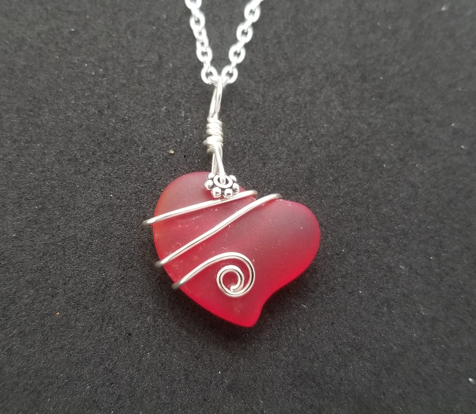 Hawaiian Jewelry Sea Glass Necklace, Wire Ruby Red Necklace Heart Necklace, Sea