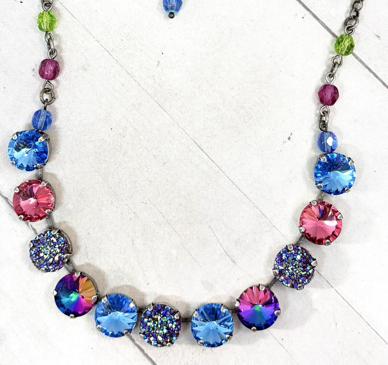 12mm Antique Silver Plated Ice Blue And Pink Druzy Cup Chain Statement Necklace