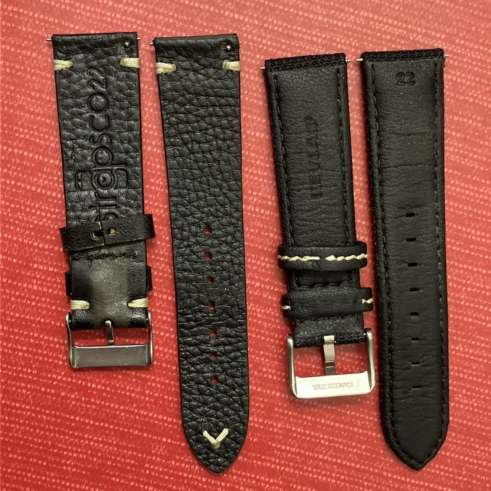 Lot Of 2 Watch Straps Bands 22mm Strapsco Leather made with Kevlar