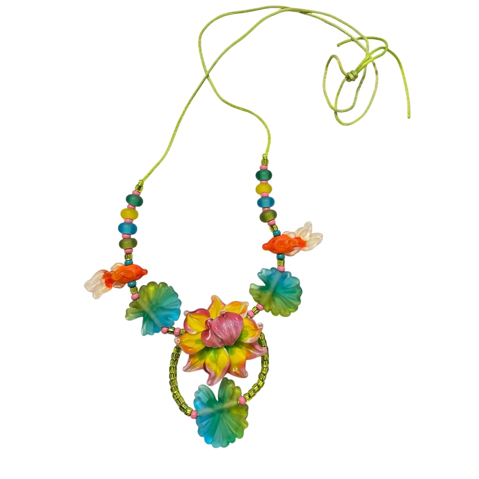 Handmade Lampwork Colorful Sculpted Koi Fish Lily Pad Flower Glass Bead Necklace