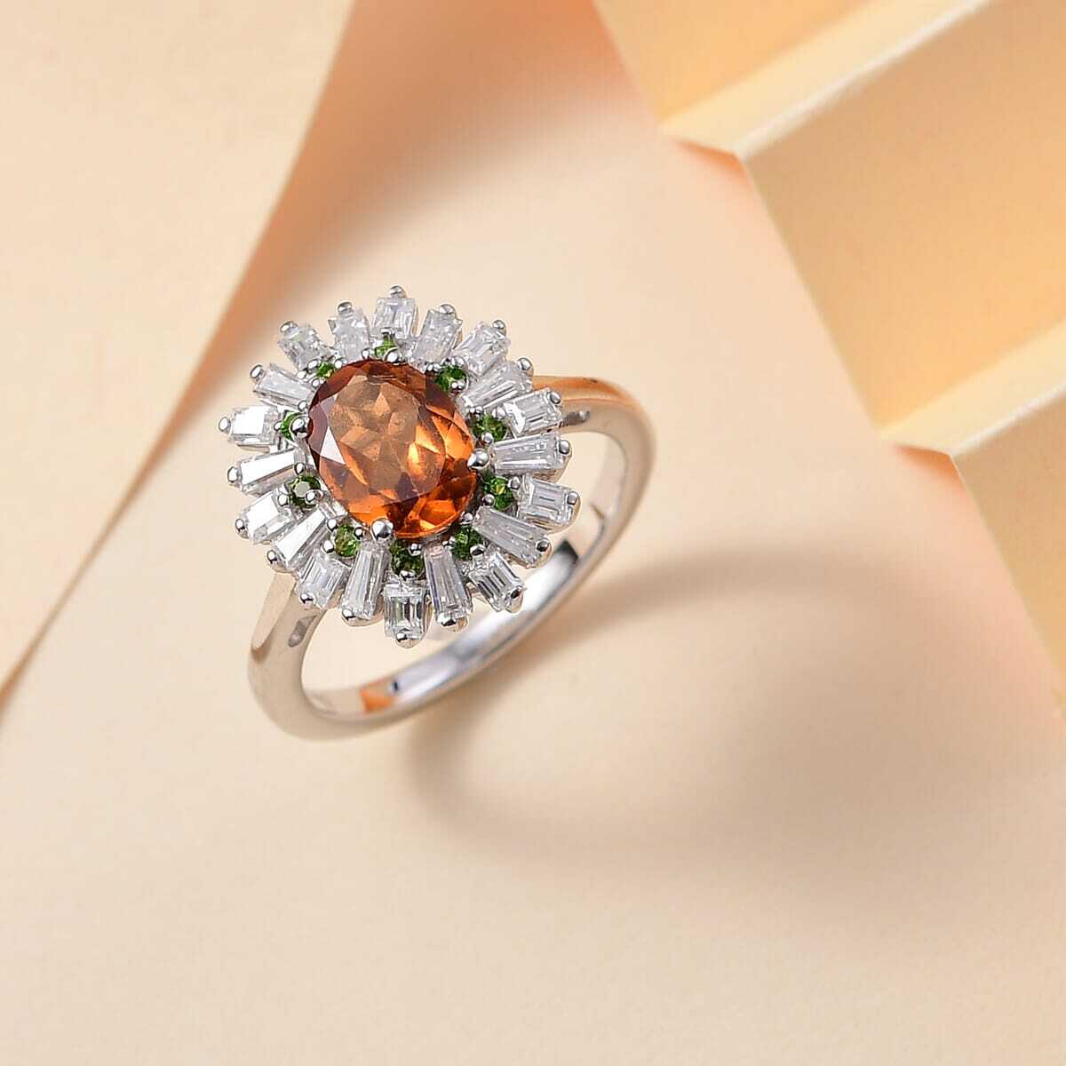 2.00ctw Ceylon Hessonite Garnet and Multigem Sunburst Ring Rhodium Plated Size 7