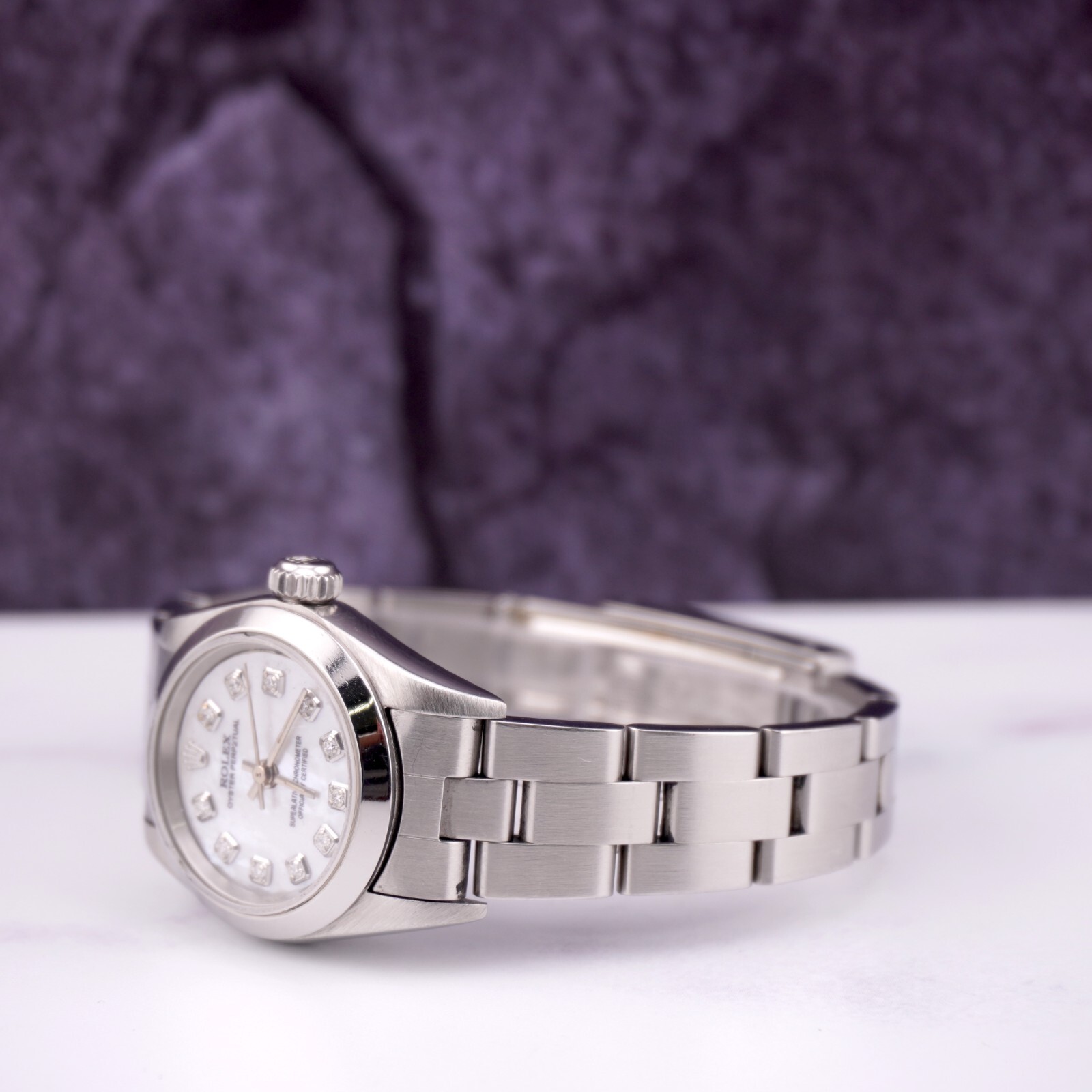 Rolex Oyster Perpetual 25mm Steel White MOP Diamond Smooth Oyster Ladies Watch