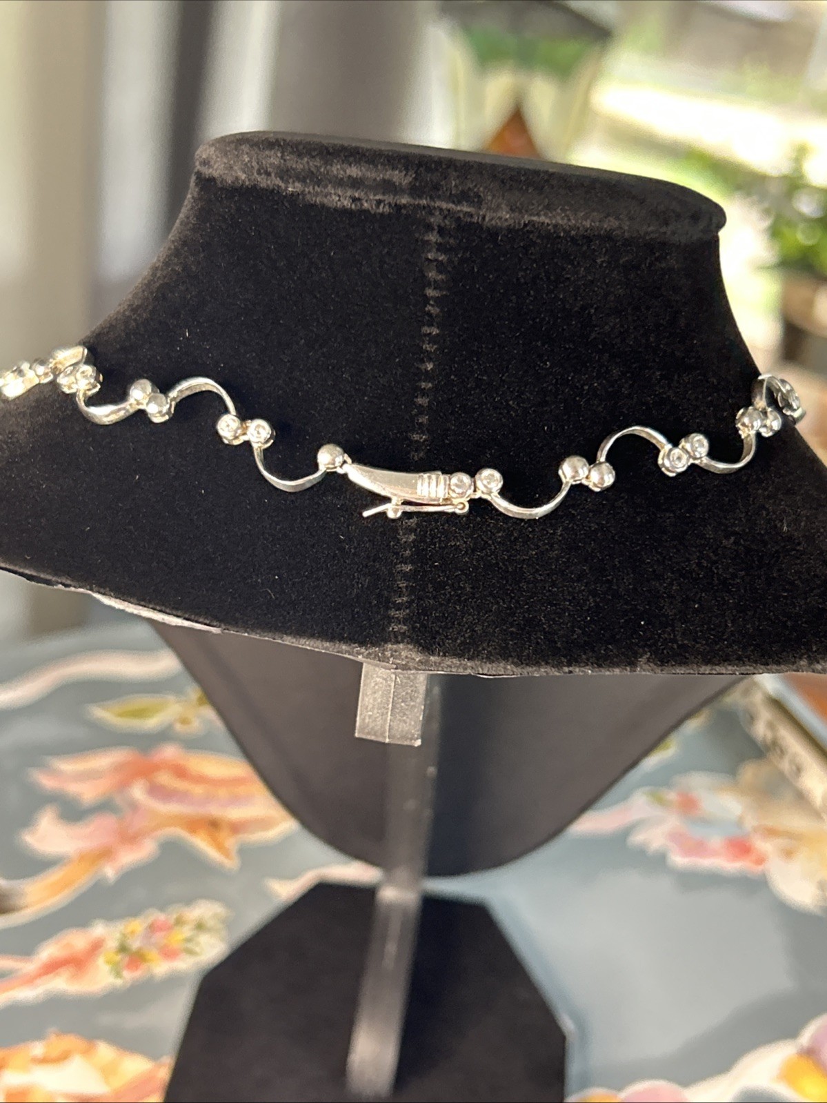 Vintage 925 Sterling Silver Scallop Bib Choker Necklace CZ’s 15 inch
