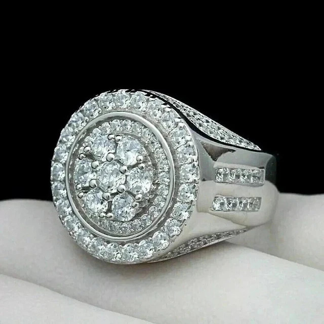 2Ct Round Lab Created Diamond Men’s Cluster Wedding Ring 14K White Gold Plated