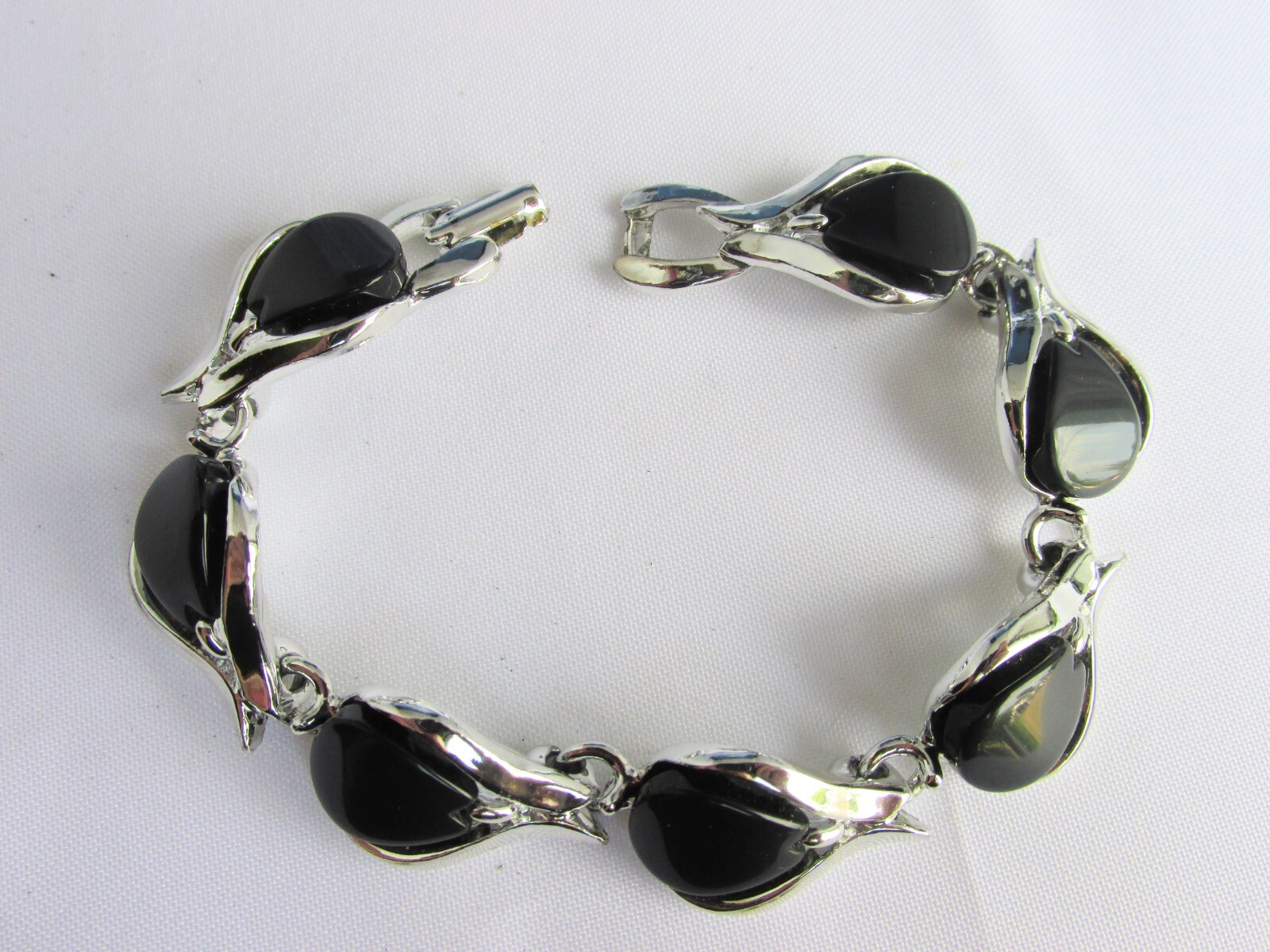 Vintage Charcoal Gray Thermoset Tear Drop Tiles Bracelet Silver Plate