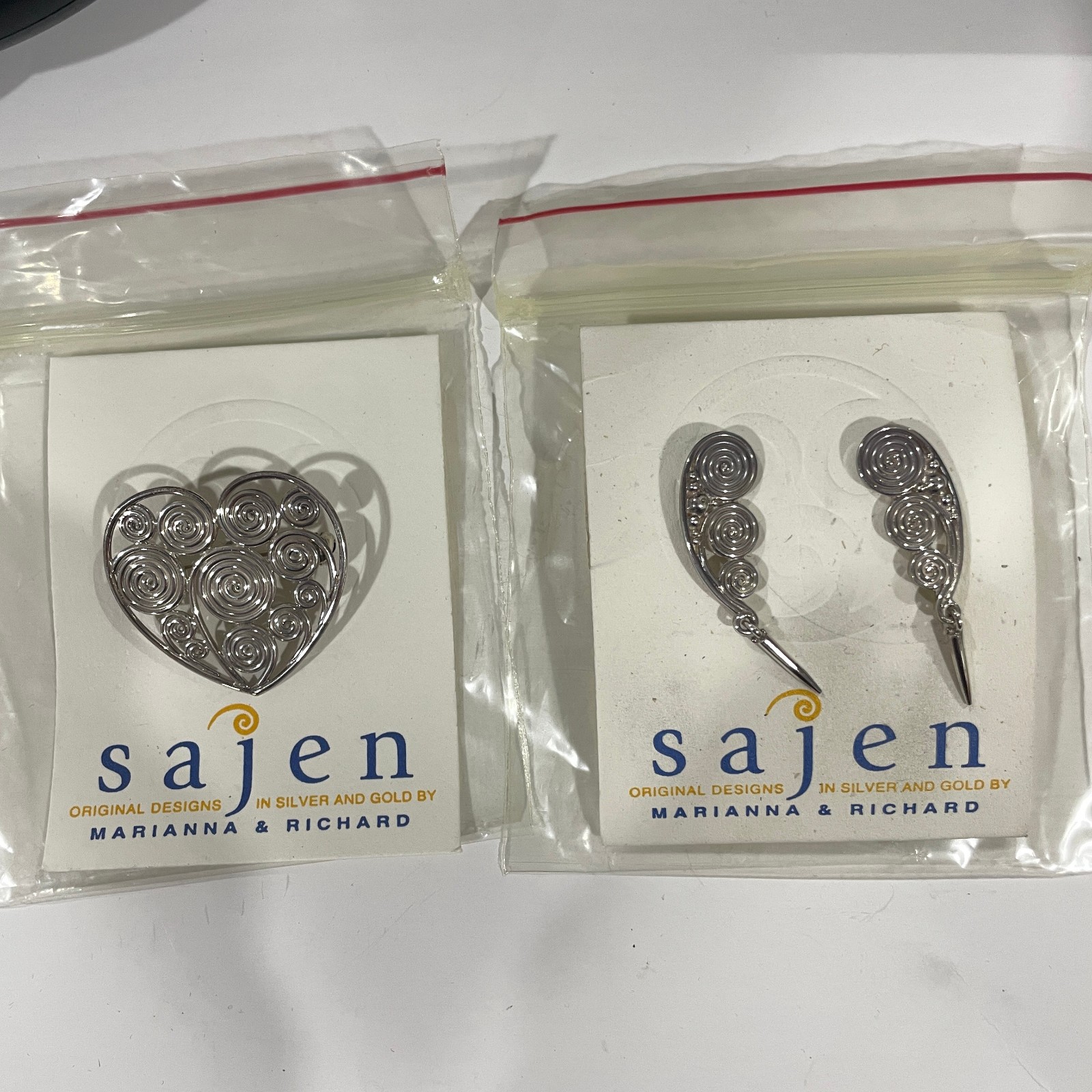 NOS Vintage Sajen Sterling Silver Heart Pendant / Pin & Earring Set