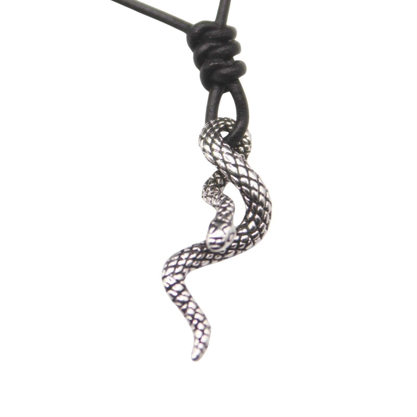 Snake Pendant Necklace – Hand Knotted Soft Black Leather Cord – Lobster Clasp