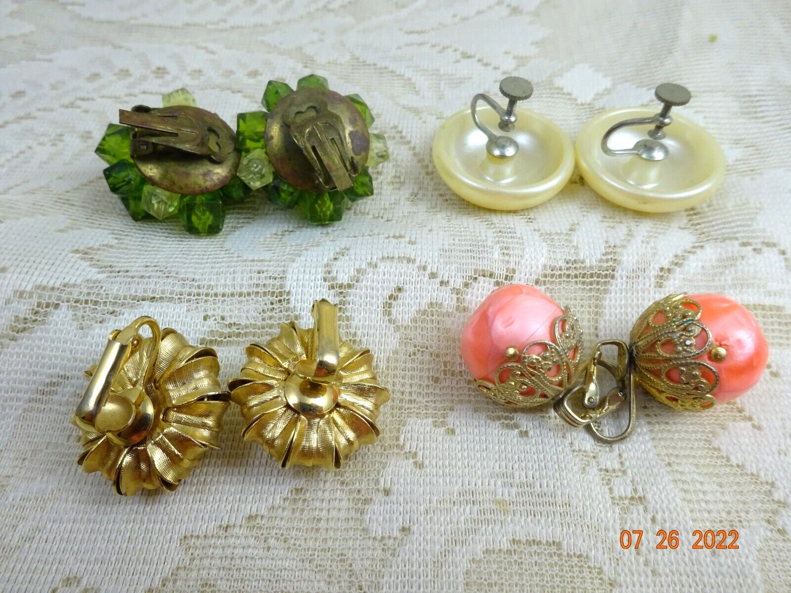 Vintage Set of 4 Multi Material Gold Tone Clusters Earrings Clip and Screw On