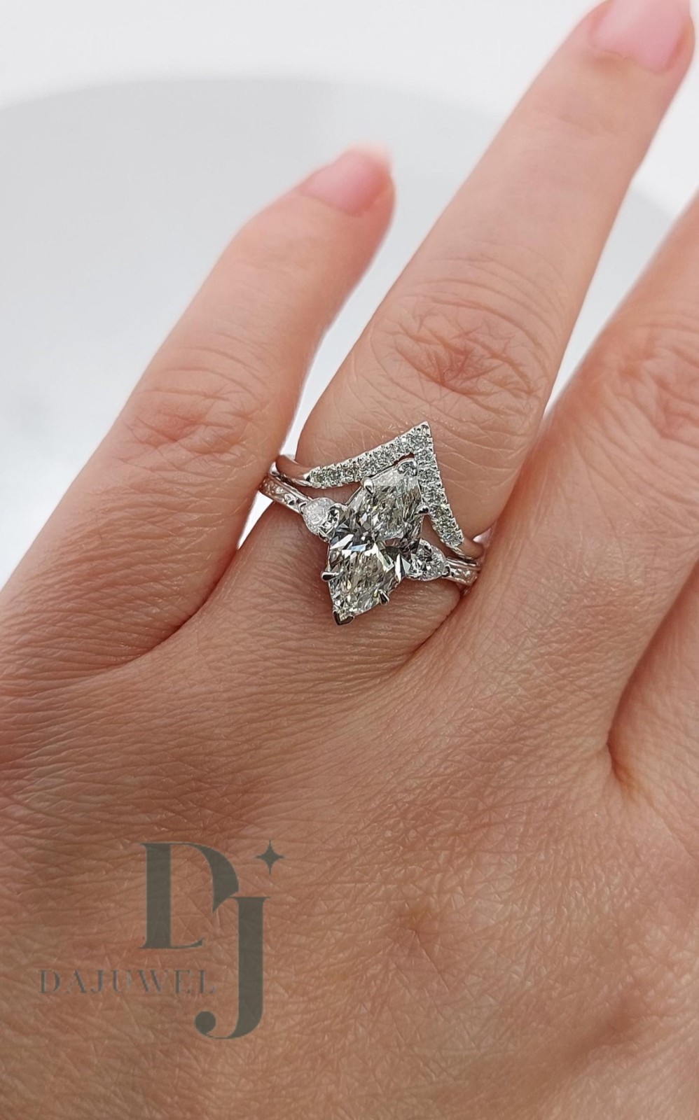 2.50 CT Marquise Cut Moissanite Bridal Set Engagement Ring Solid 14K White Gold