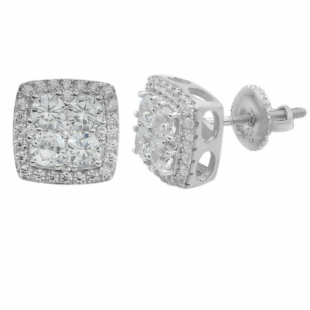 Real Solid 925 Sterling Silver Iced CZ Hip Hop Earrings Studs Square ICY Mens