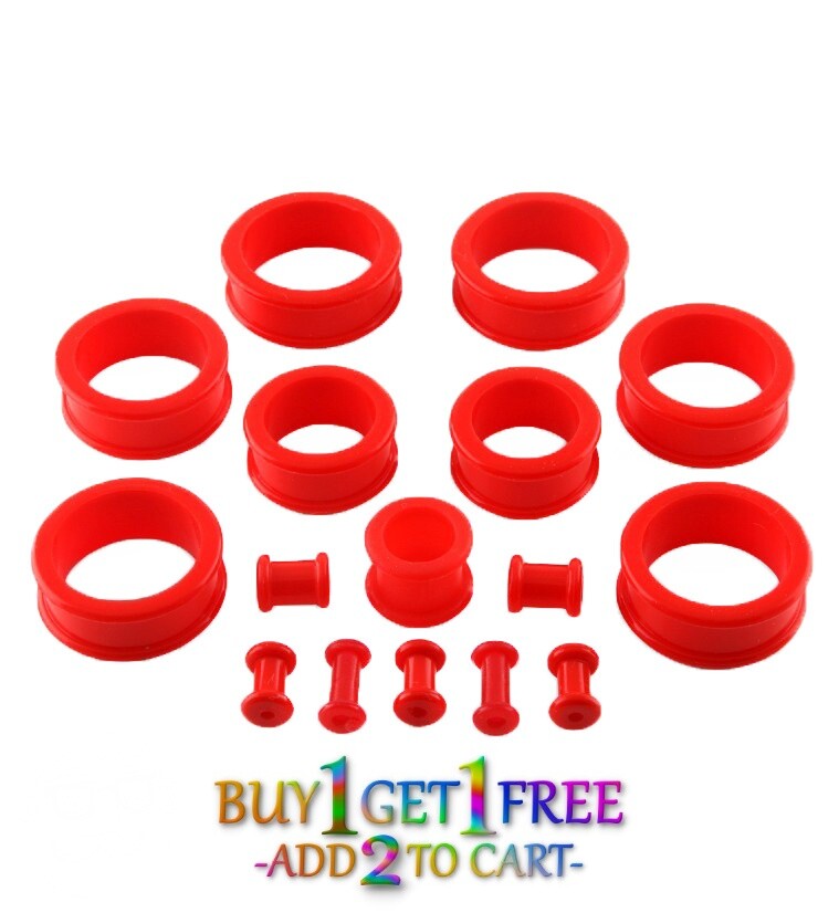 Pair 12g-50mm RED SILICONE FLAT FLARE TUNNELS Double Gauges Thin Flesh Ear 3008