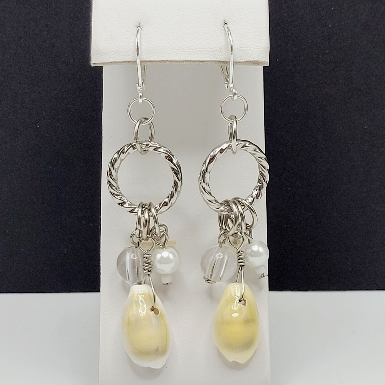 Handcrafted Boho Cowrie Shell Dangle Earrings Silver Tone Cluster Beaded Coastal