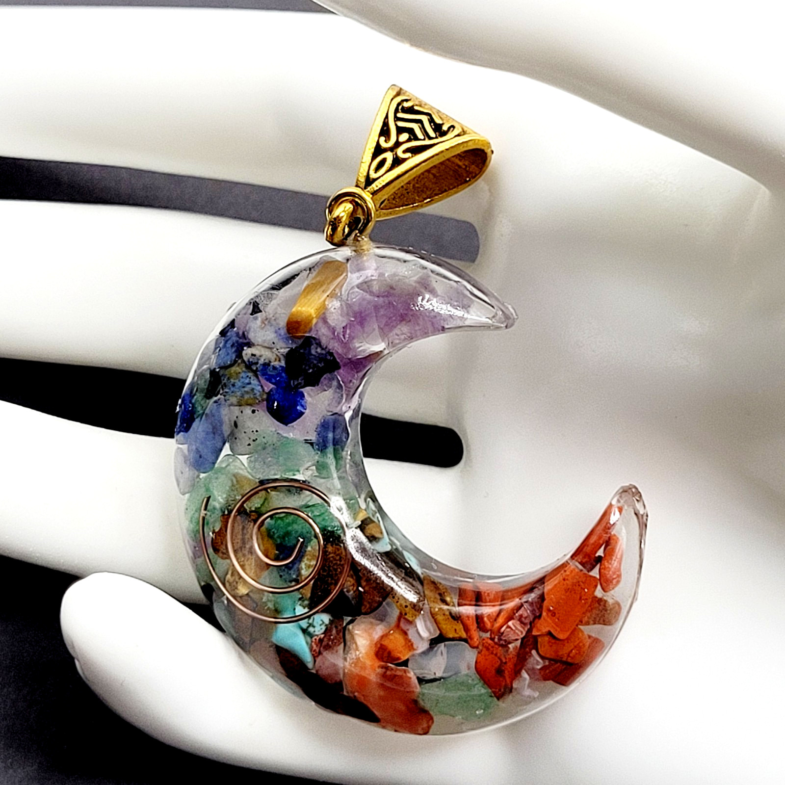 Crescent Moon Shape Orgone Chakra Crystal Chip Pendant Ornate Bail No Chain