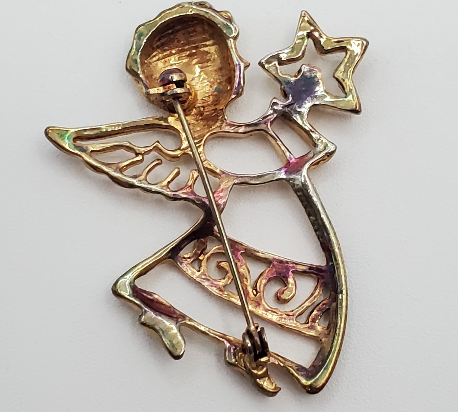 VTG Angel Brooch 2in Gold Tone Angel Star Celestial Open Work Cutout Estate Pin