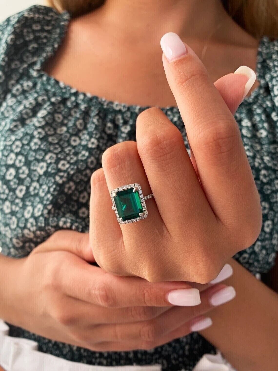 2 Ct Emerald Cut Simulated Green Emerald Wedding Ring 14k White Gold Plated