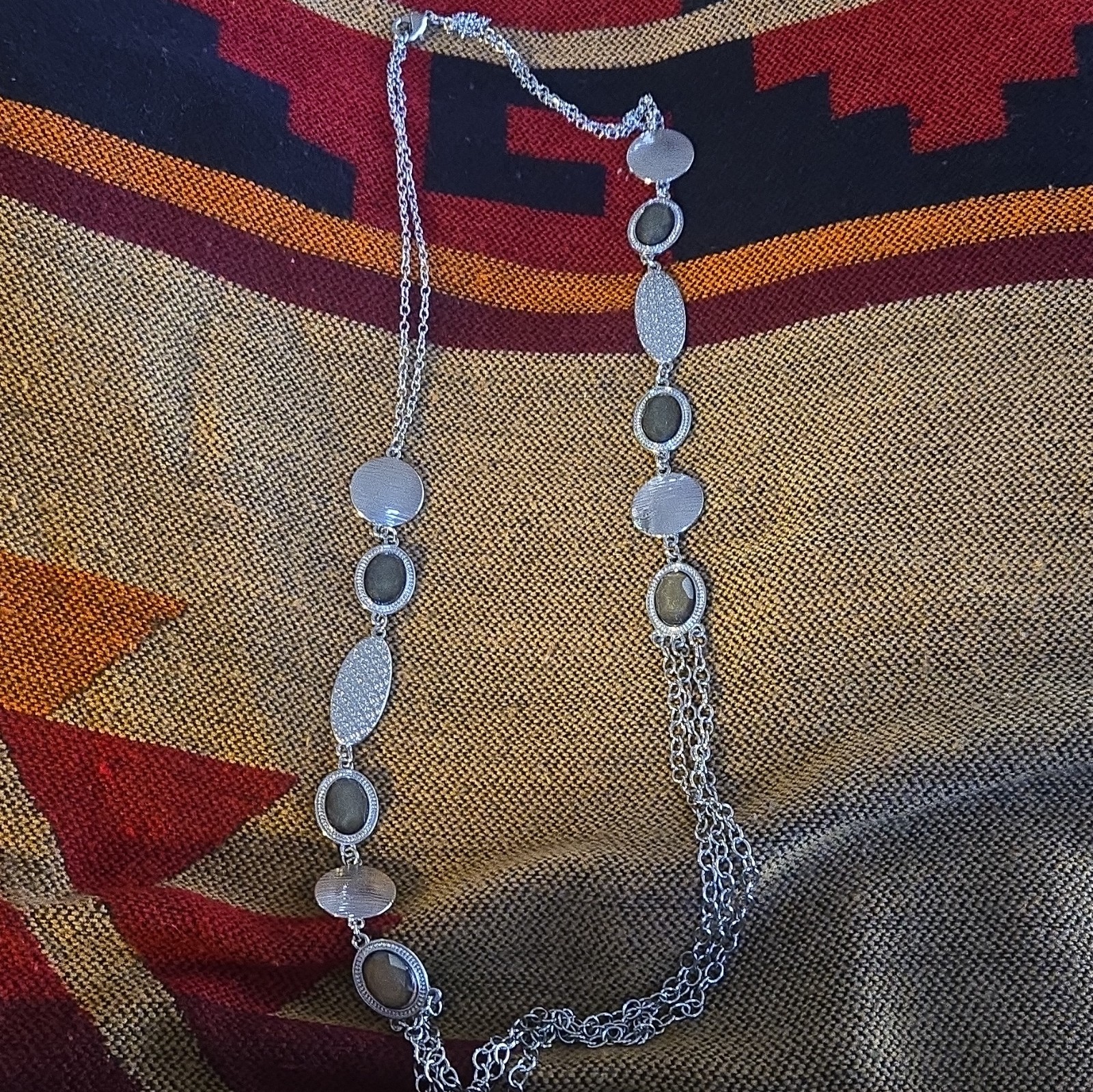 Silver Tone Layered Cable Chain Station Necklace Oval Disc Links Lobster Clasp