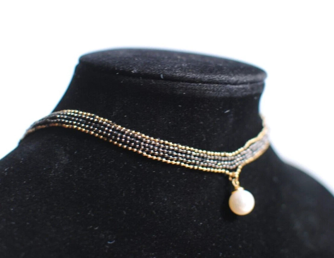 Black & Gold Mesh Dainty Choker Necklace with Faux Pearl 5.5 in Across