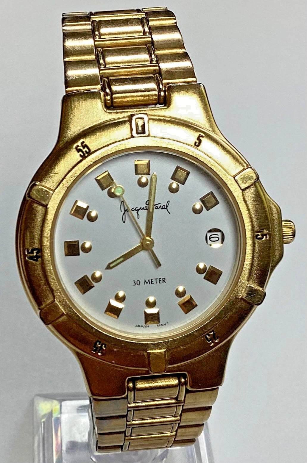 Jacques Farel Vintage Watch Gold Tone WR Date Stainless New Battery Size 7”