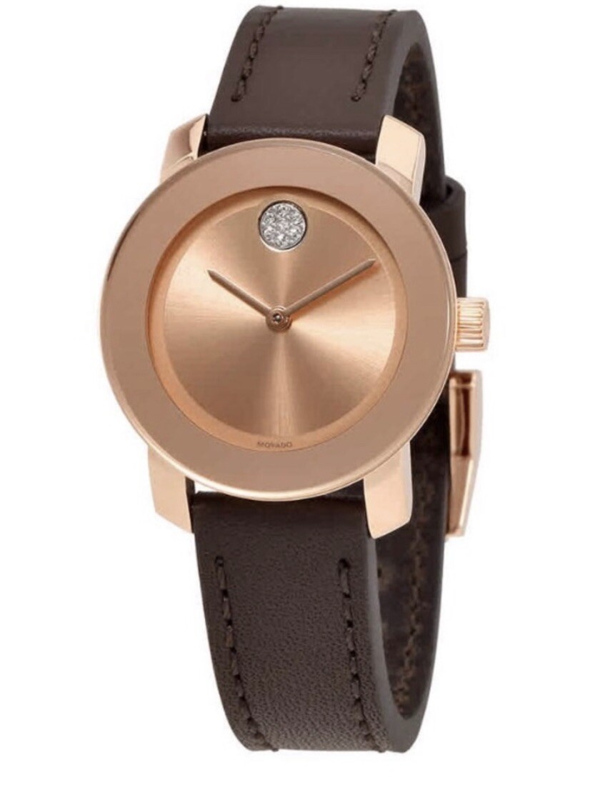 Brand New Movado Bold Women’s Rose Gold Brown Leather Strap Watch 3600438