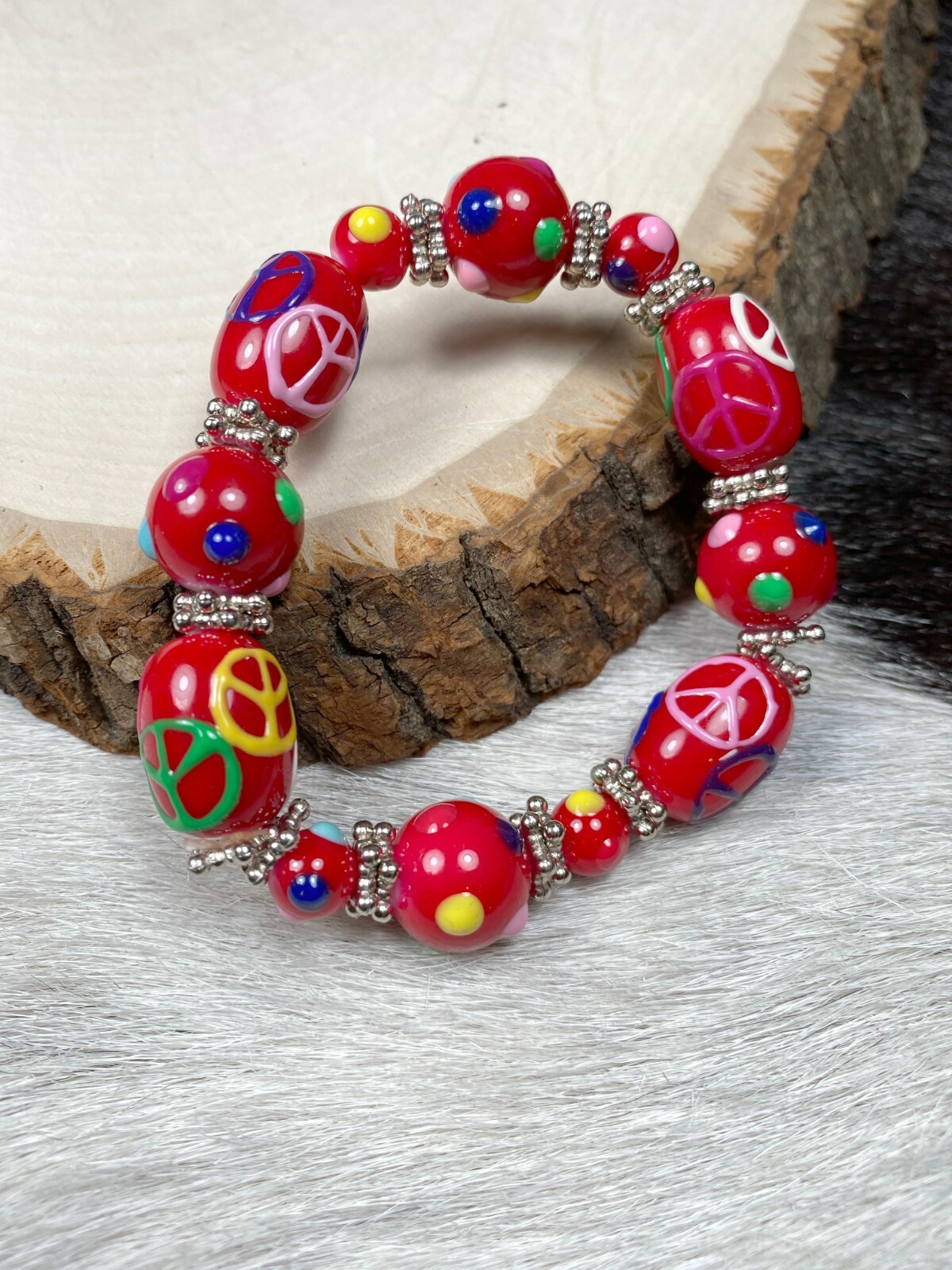 Peace Jewelry Wholesale Lot 6 Glass Beaded Stretch Bracelet Colorful Peace
