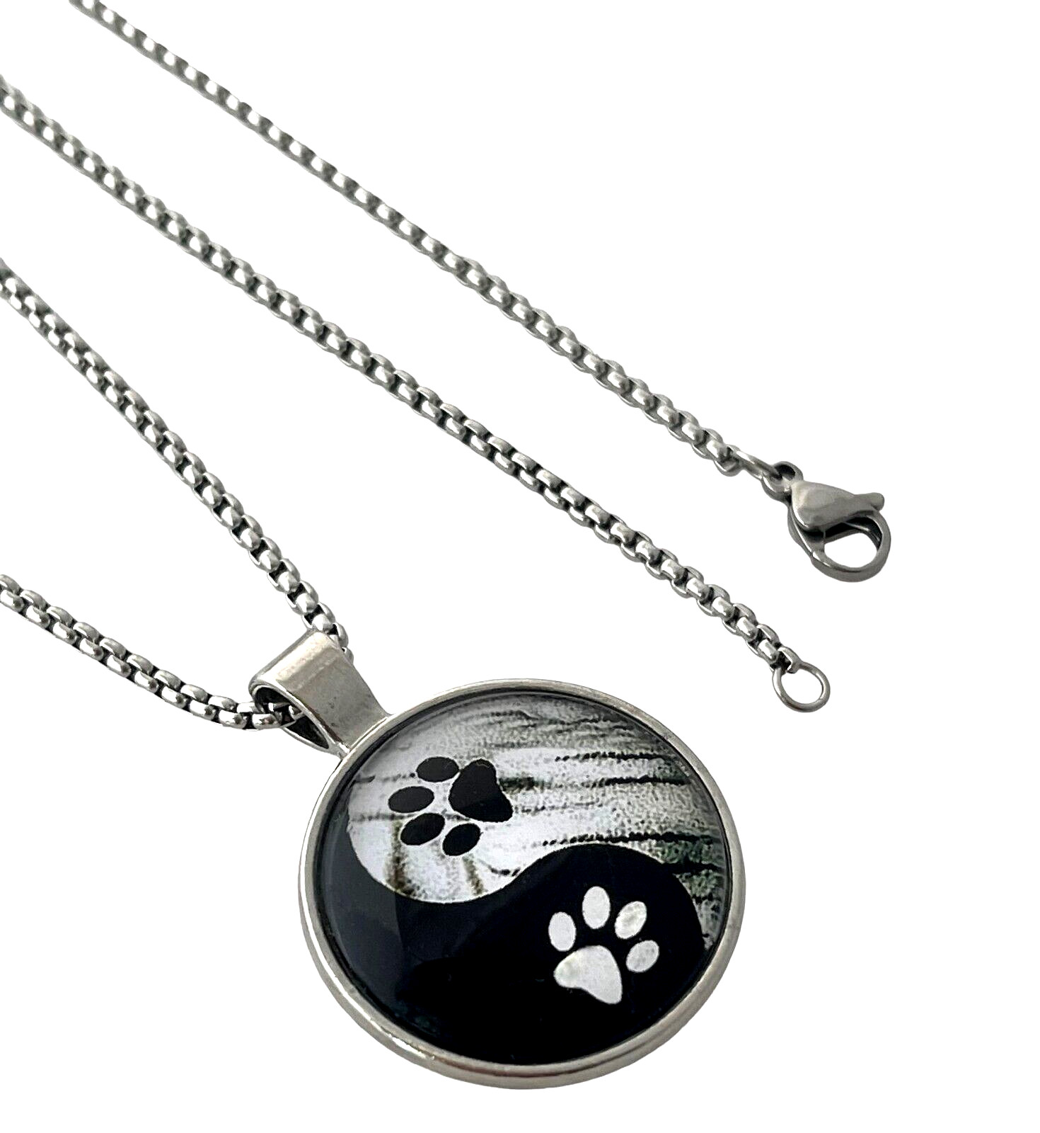 Yin Yang Paw Prints Necklace Glass Cabochon Stainless Steel 24 Inch Link Chain