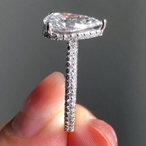 2.4Ctw Pear Moissanite 3D Pave Hidden Halo Engagement Ring 14K White Gold Plated