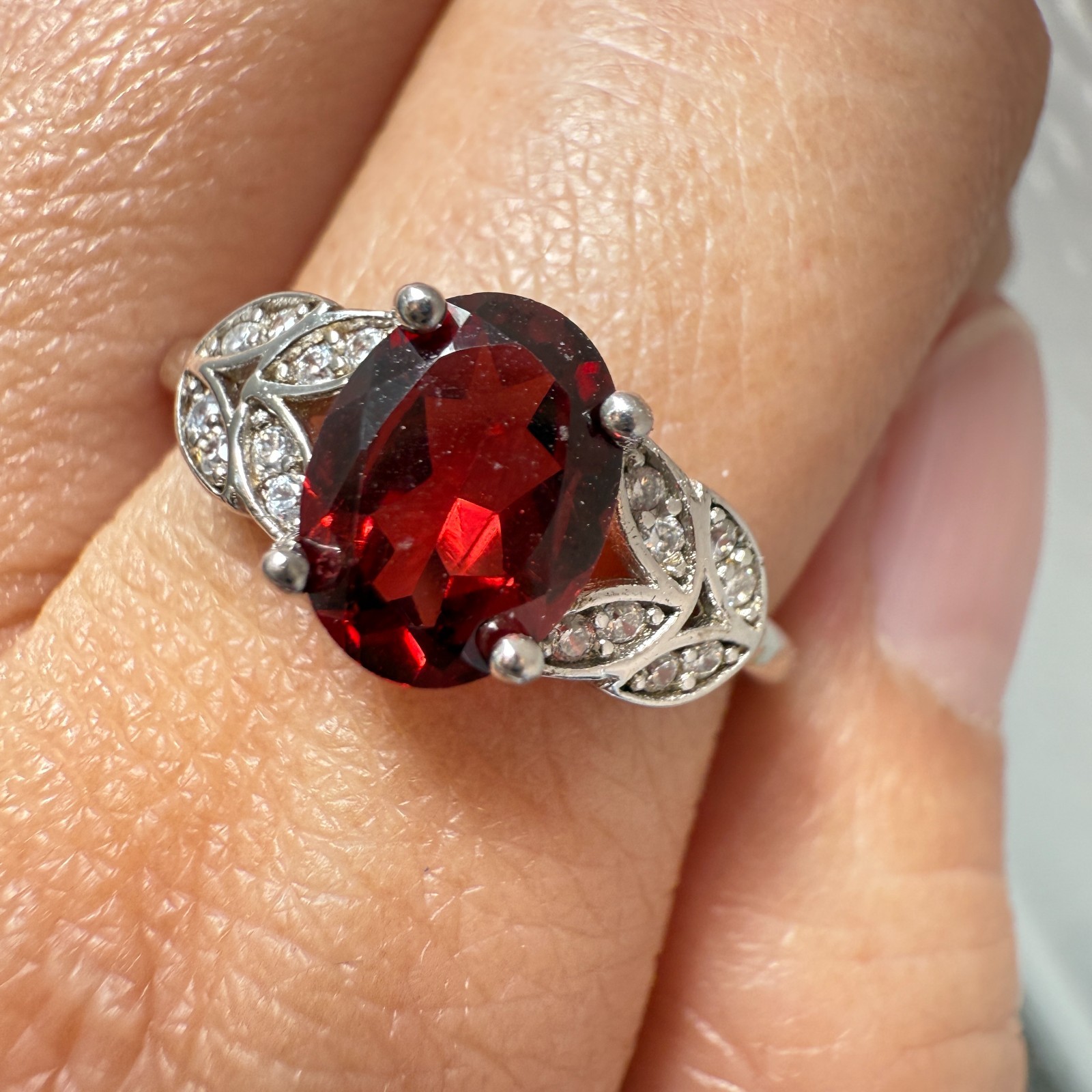 925 Sterling Silver Ring 8x6mm Natural Rhodolite Garnet Gemstone Zircon Flower
