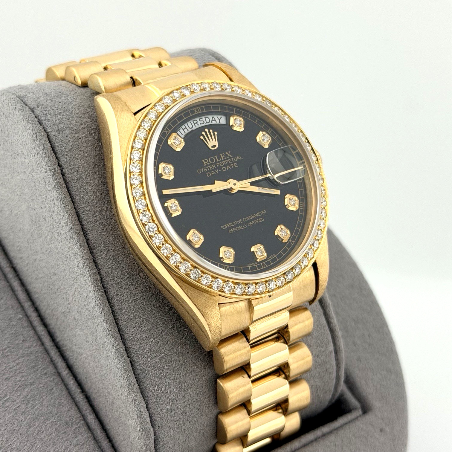 Rolex Day Date President 18038 36mm Quickset Black Diamond Dial & Bezel 18K Gold