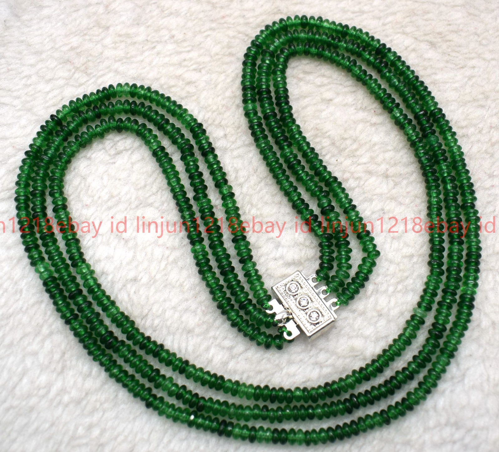 3 Row Natural 2x4mm Smooth Green Jade Rondelle Gemstone Beaded Necklace 17-19in