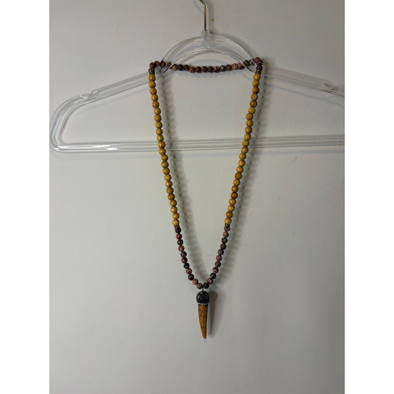 Boho Jasper Stone and Wood Beaded Necklace Drusy Resin Horn 30in Long Statement