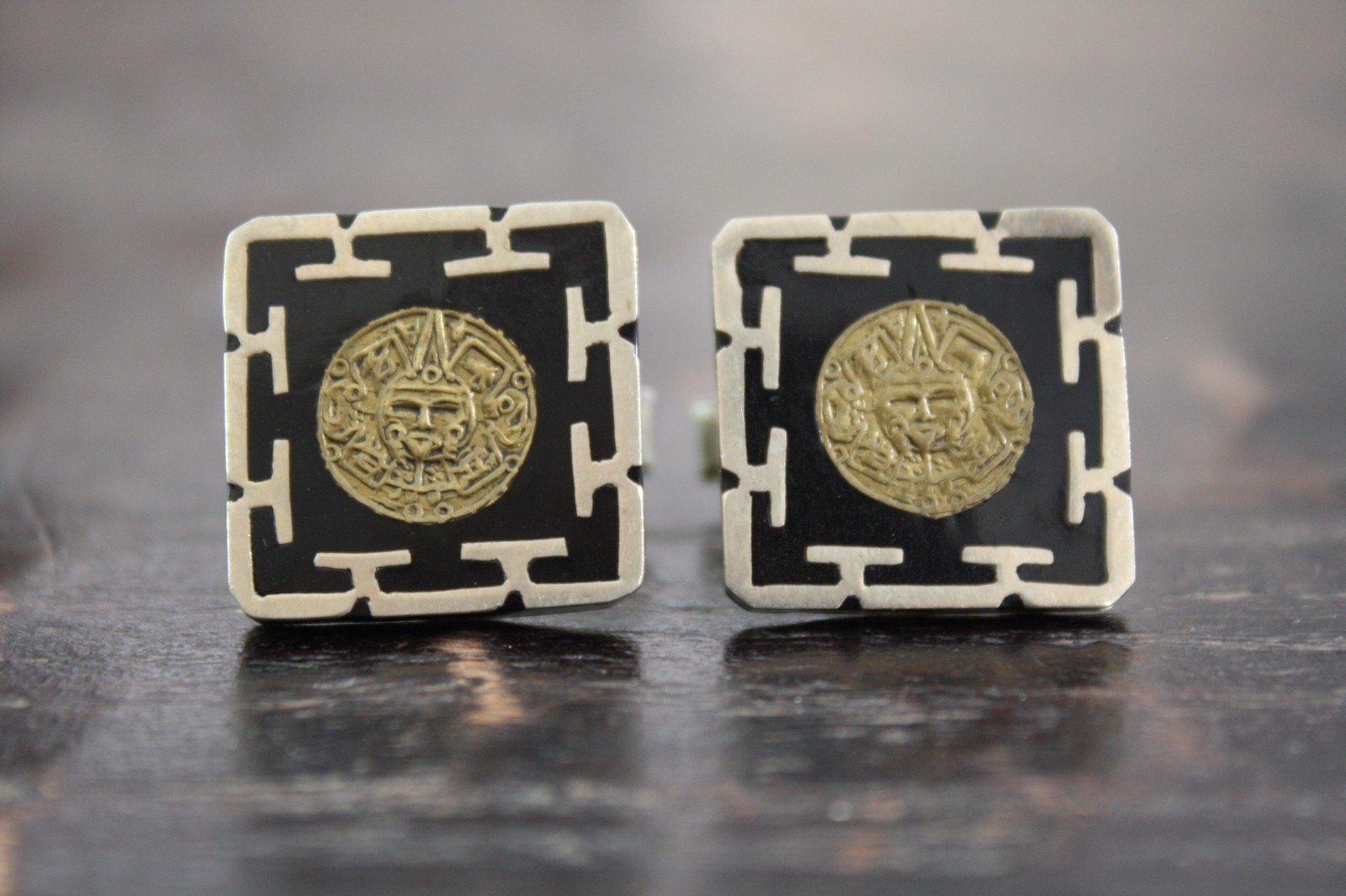 Alpaca/Nickel Silver Alloy Wafer Design Brass Aztec Sun God Cufflinks Mexico GUC