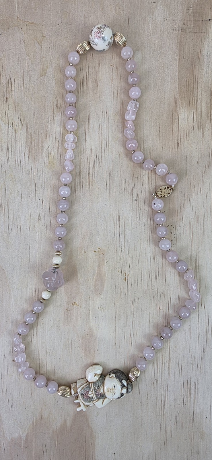 Vintage Chinese Export Necklace, Carved Rose Quartz Flower, Signed Asian Figural