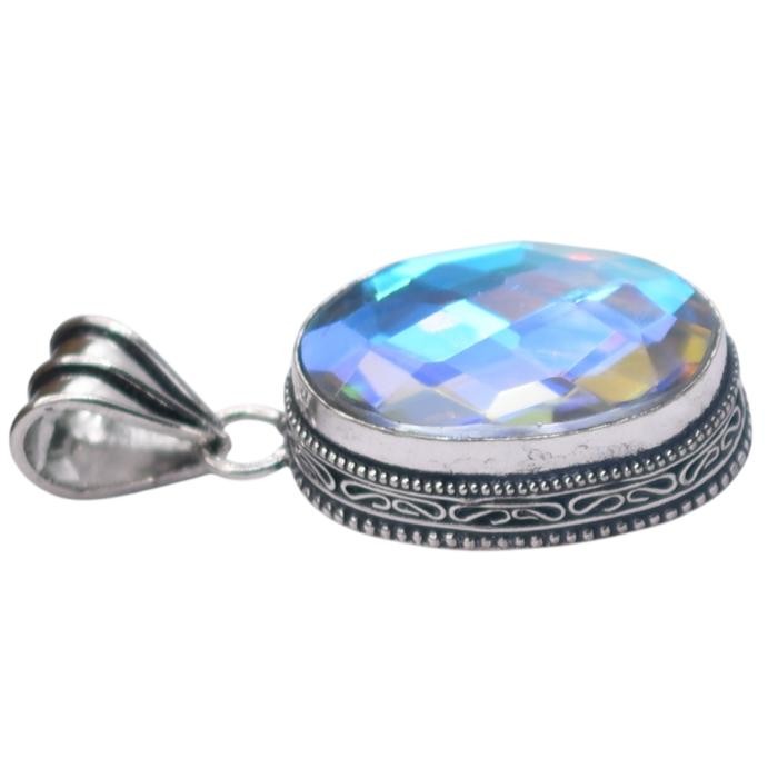 Mystic Topaz Hydro Gemstone Antique Silver Plated Pendant 2″ J 2061