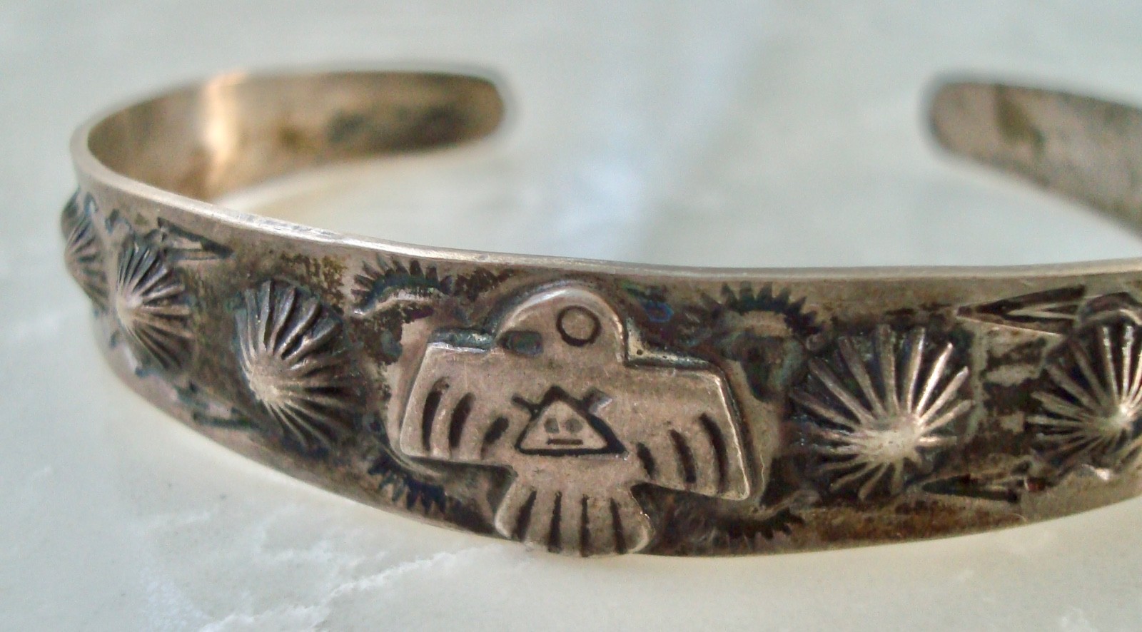 Vtg MORNING STAR THUNDERBIRD GILA MONSTER Navajo SILVER BRACELET Fred Harvey Era