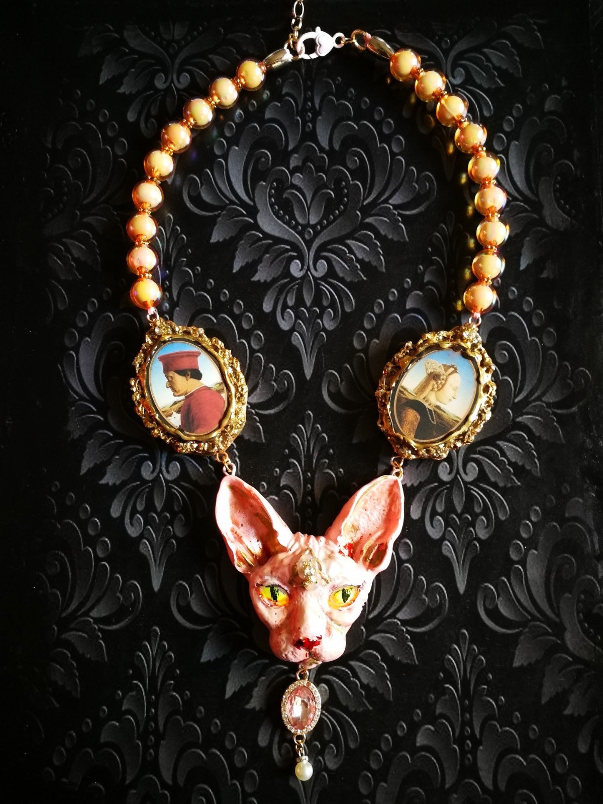 Statement Luxury Necklace Jewelry Pendant Sculpture Sphynx Cat Antique Cameo Bib