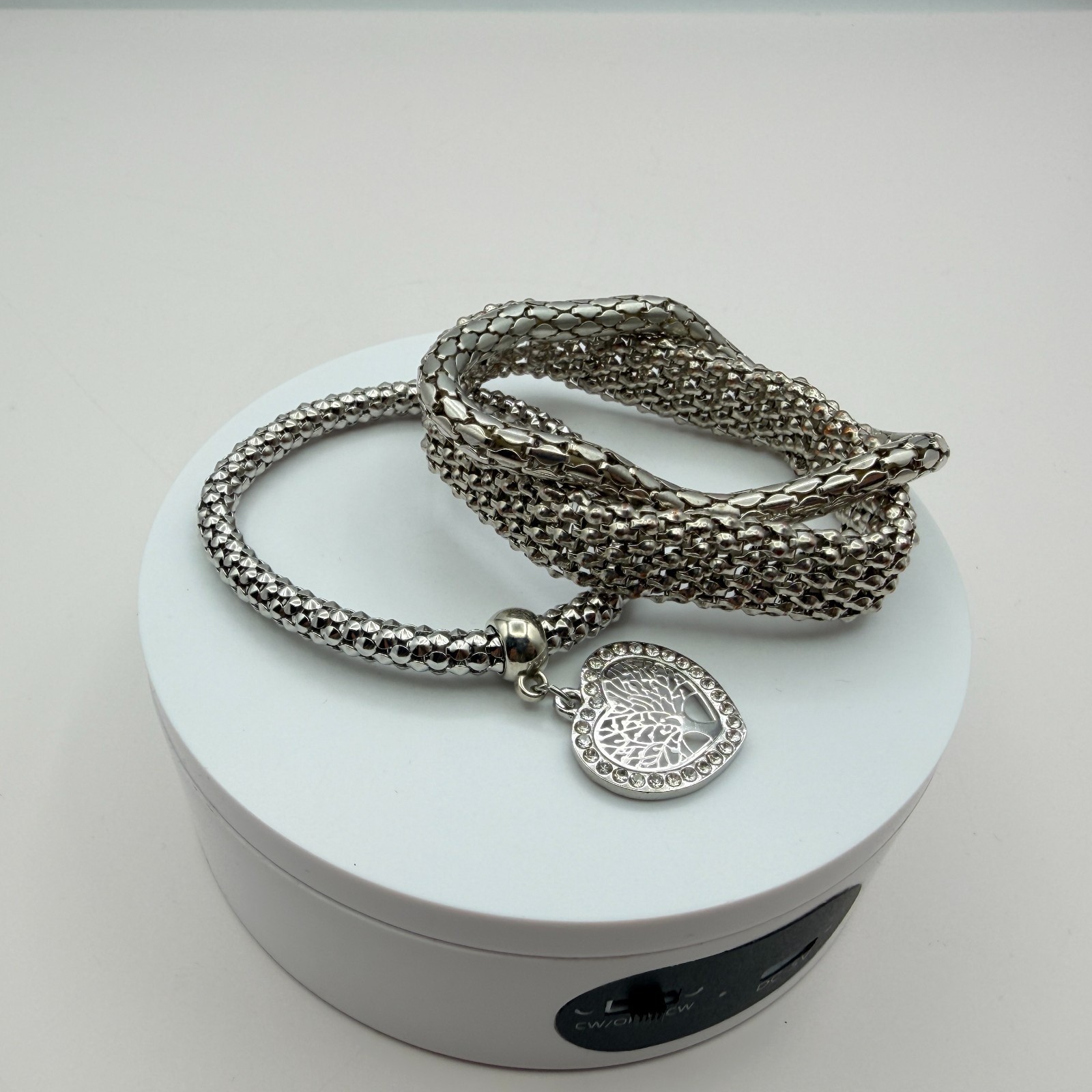 Vintage Y2K Silver Tone Tree of Life Heart Charm Mesh Bracelet Women’s Jewelry