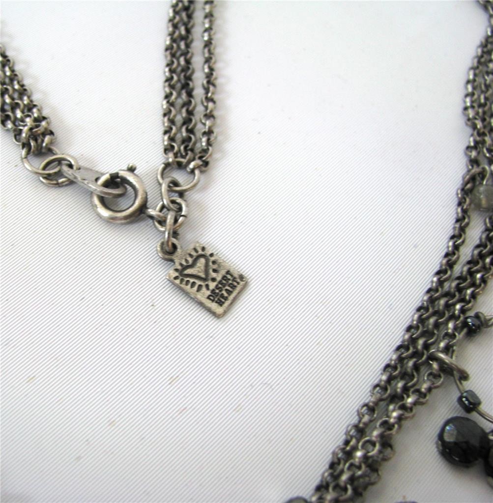 Vtg Silver 3 Chain Station Pendant Necklace Black Czech glass Heart signed 18″